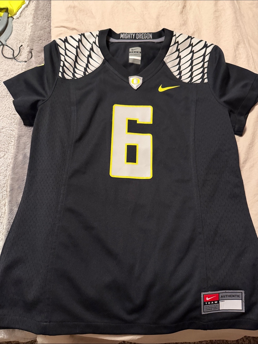 Nike Black Women's Oregon Football Jersey with Neon Yellow Accents #6